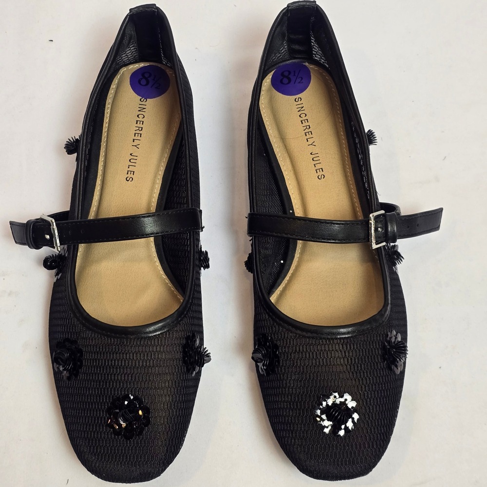 Sincerely Jules Black Mesh Sequin Flower Mary Jane Flats Womens 8.5‎